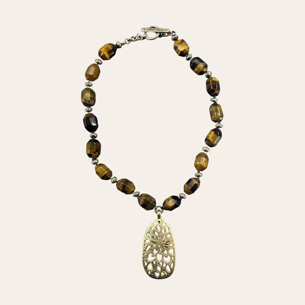 Tiger Eye Bead Choker Necklace Gold Tone Cutwork Pendant Signed Sigrid Olsen